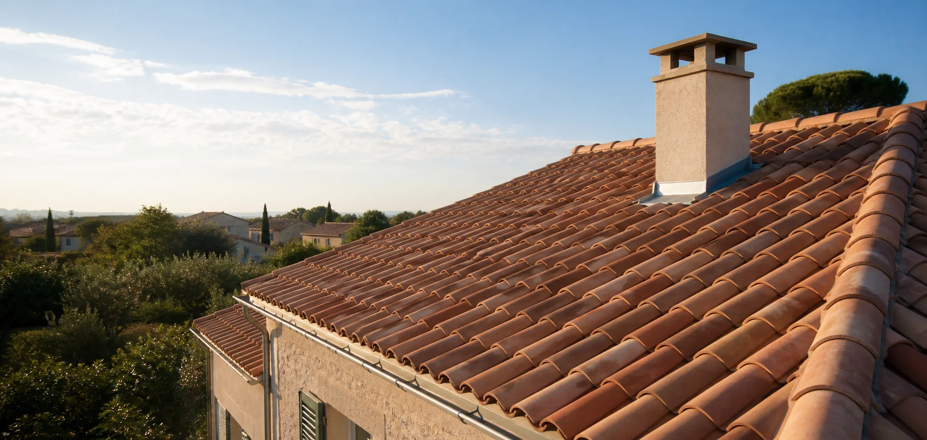 Toiture en tuiles rénovée avec zinguerie et gouttières neuves